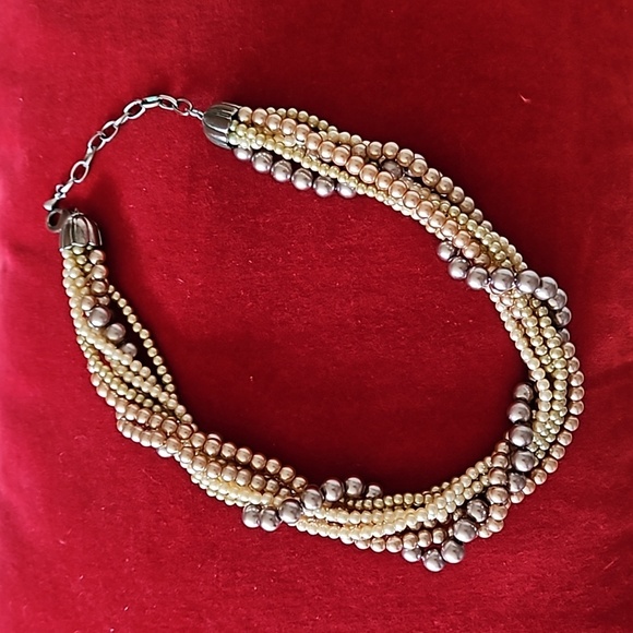 Faux Pearl 7 Strand Twisted Choker Necklace 16"-18" - Picture 1 of 3